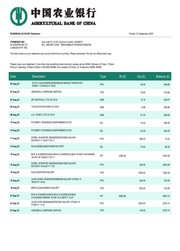 Modèle Word et PDF de relevé de compte commercial de la Banque agricole de Chine